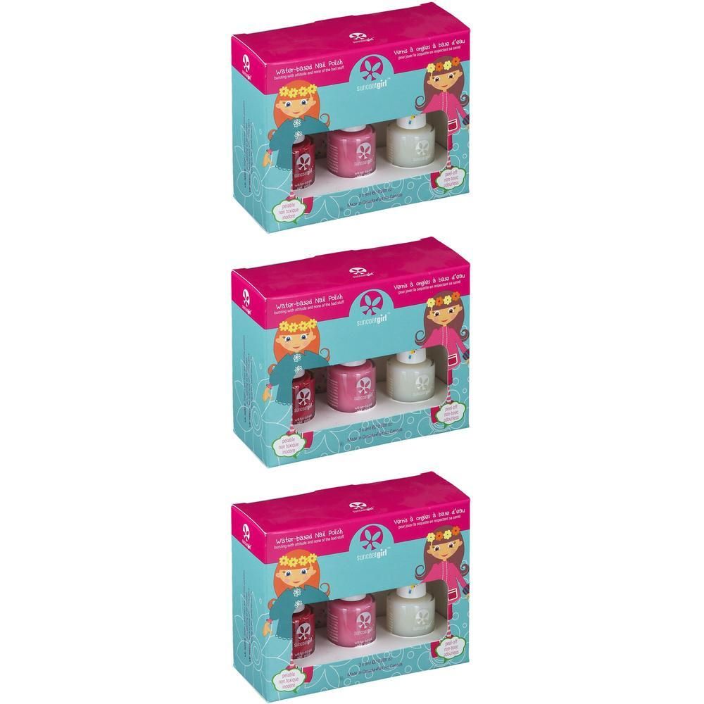 Drie doosjes met elk twee nagellakflesjes en een potje.