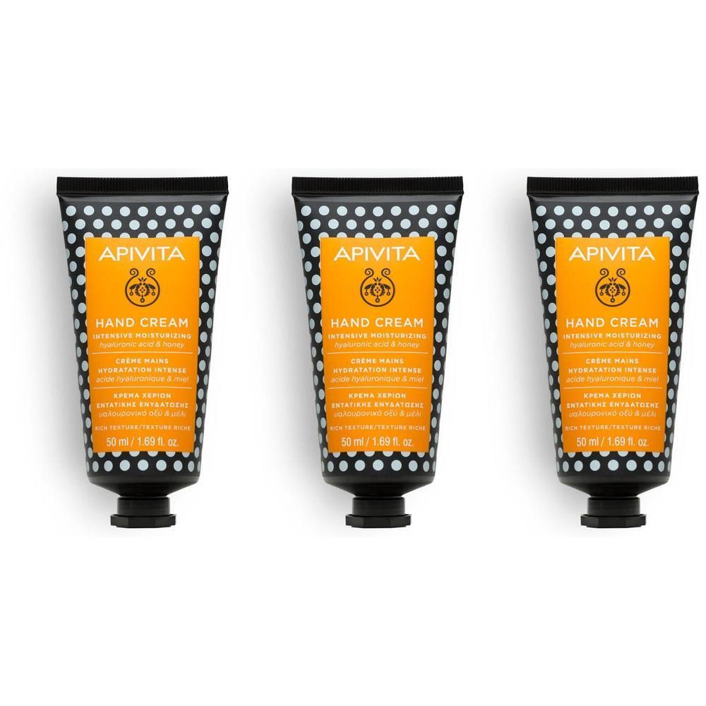 Drie tubes intens hydraterende handcrème met hyaluronzuur en honing.