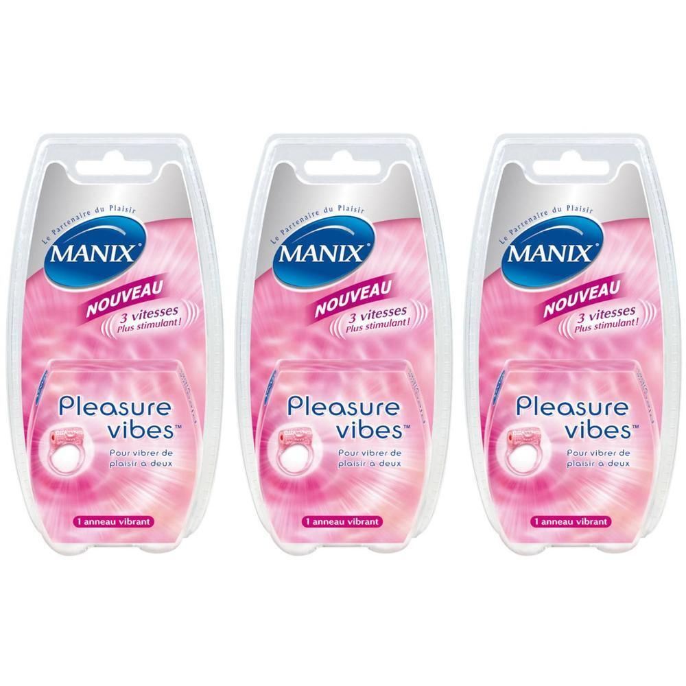 Trois anneaux vibrants Manix Pleasure Vibes sous blister. Rose avec accents blancs. "Nouveau" et "3 vitesses" imprimés.