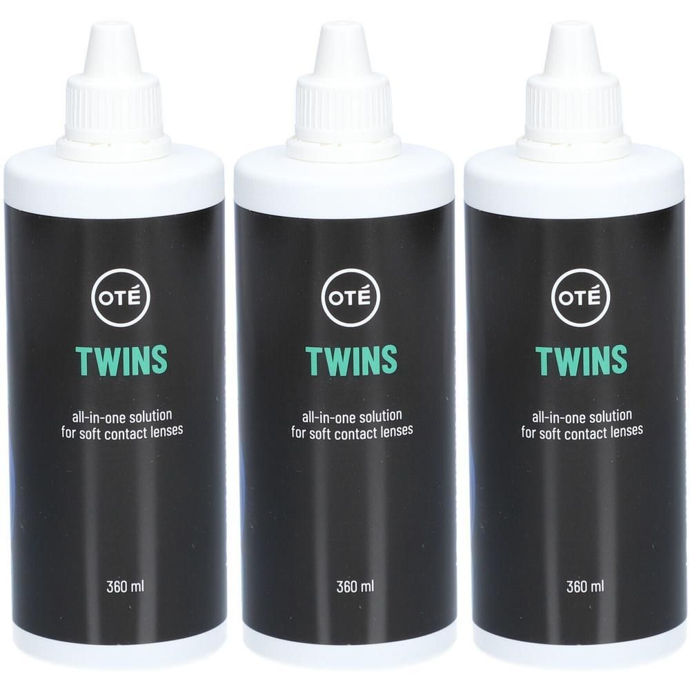 Drie flessen Oté Twins alles-in-één vloeistof voor zachte contactlenzen, elk 360 ml.