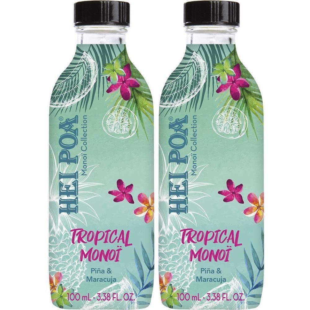 Twee flessen Hei Poa Tropical Monoï Piña & Maracuja olie, elk 100ml.