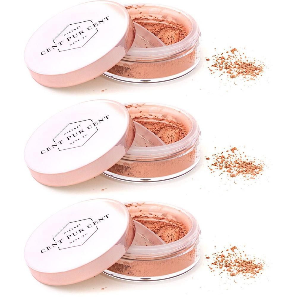 Drie potjes met los poeder blush in koraal. Het deksel toont het logo 'Cent Pur Cent'.