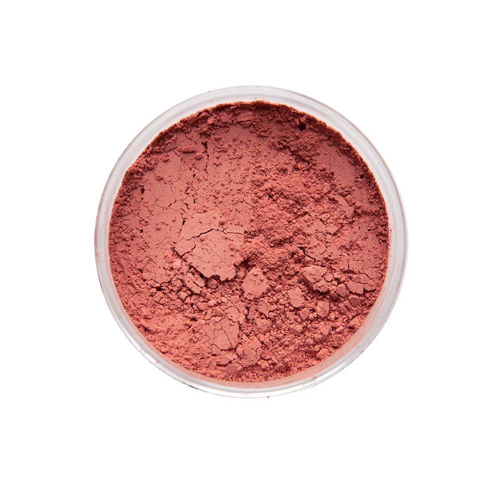 Pot ouvert de blush minéral poudreux, teinte prune, vu de dessus.