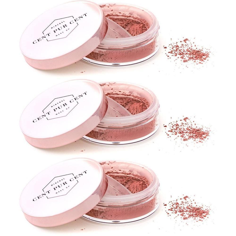 Drie potjes met los poeder blush in de kleur Prune. Op het deksel staat het logo 'Cent Pur Cent'.
