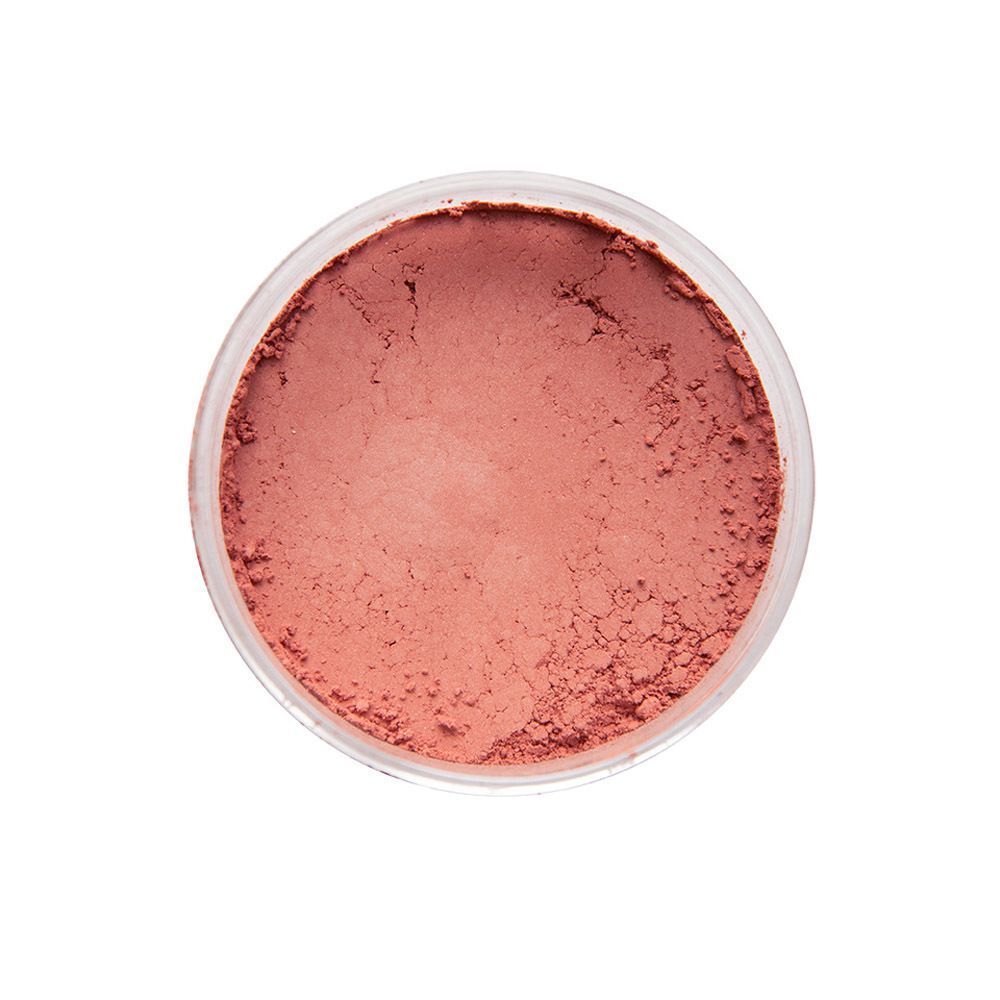 Vue de dessus d'un pot ouvert de poudre libre minérale blush teinte Prune.
