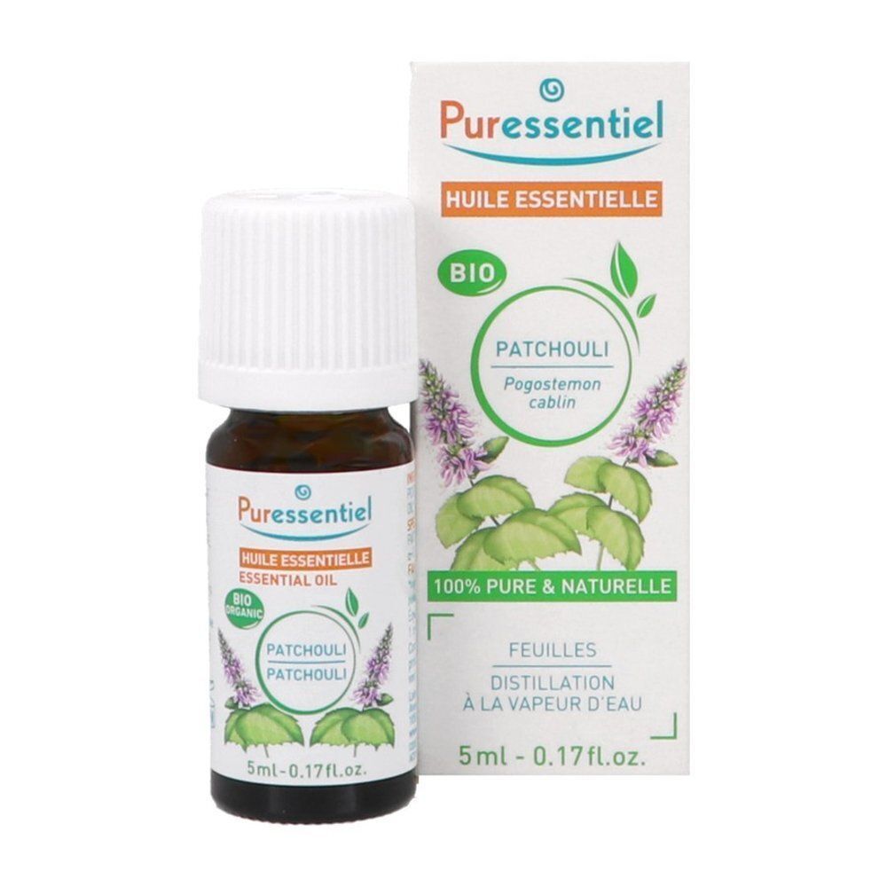 Flesje en verpakking van Puressentiel Patchouli Biologische Essentiële Olie met plantafbeelding.