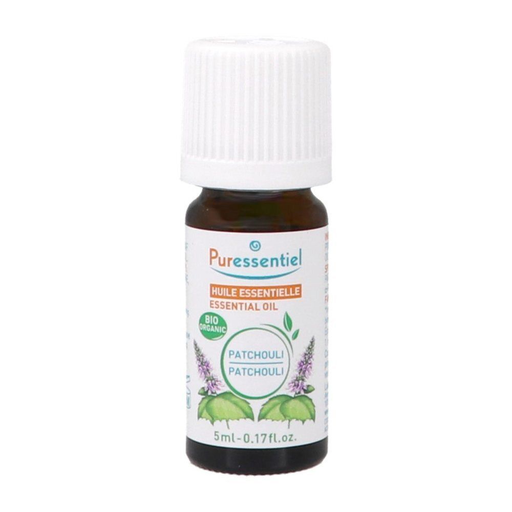 Flacon d'huile essentielle de Patchouli Bio Puressentiel avec bouchon blanc.