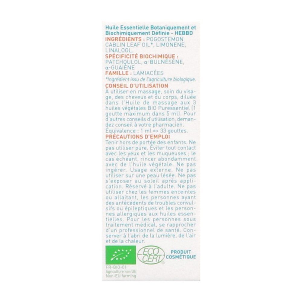 Arrière de l'emballage d'huile essentielle de Patchouli Bio Puressentiel avec label Bio.