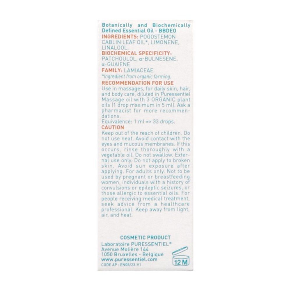 Zijkant van de verpakking van Puressentiel Patchouli Biologische Essentiële Olie met ingrediënten en gebruiksadvies.