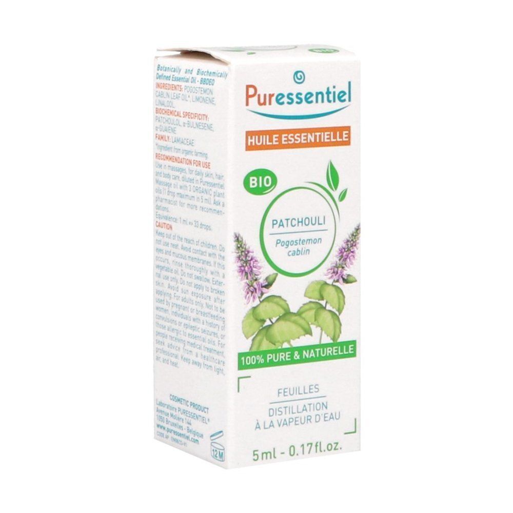 Verpakking van Puressentiel Patchouli Biologische Essentiële Olie met plantafbeelding en tekst.