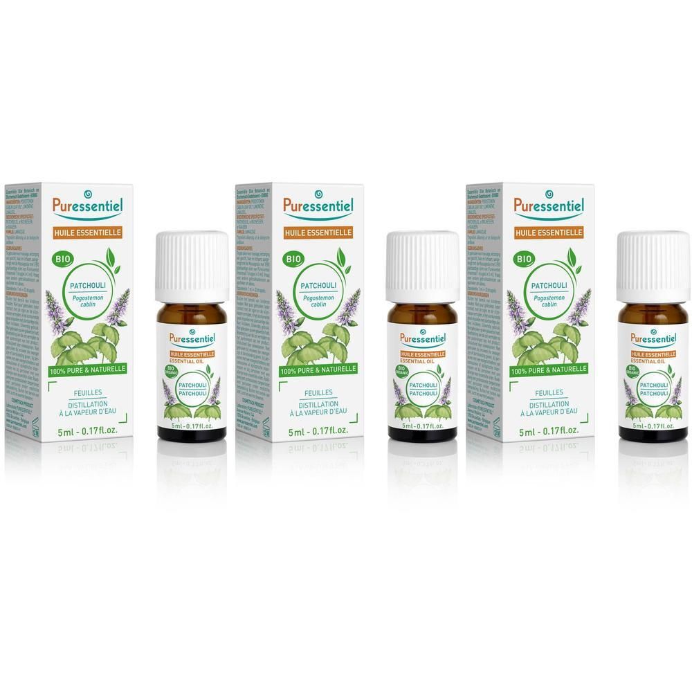 Puressentiel Patchouli biologische etherische olie in flesje van 5ml met doosje.