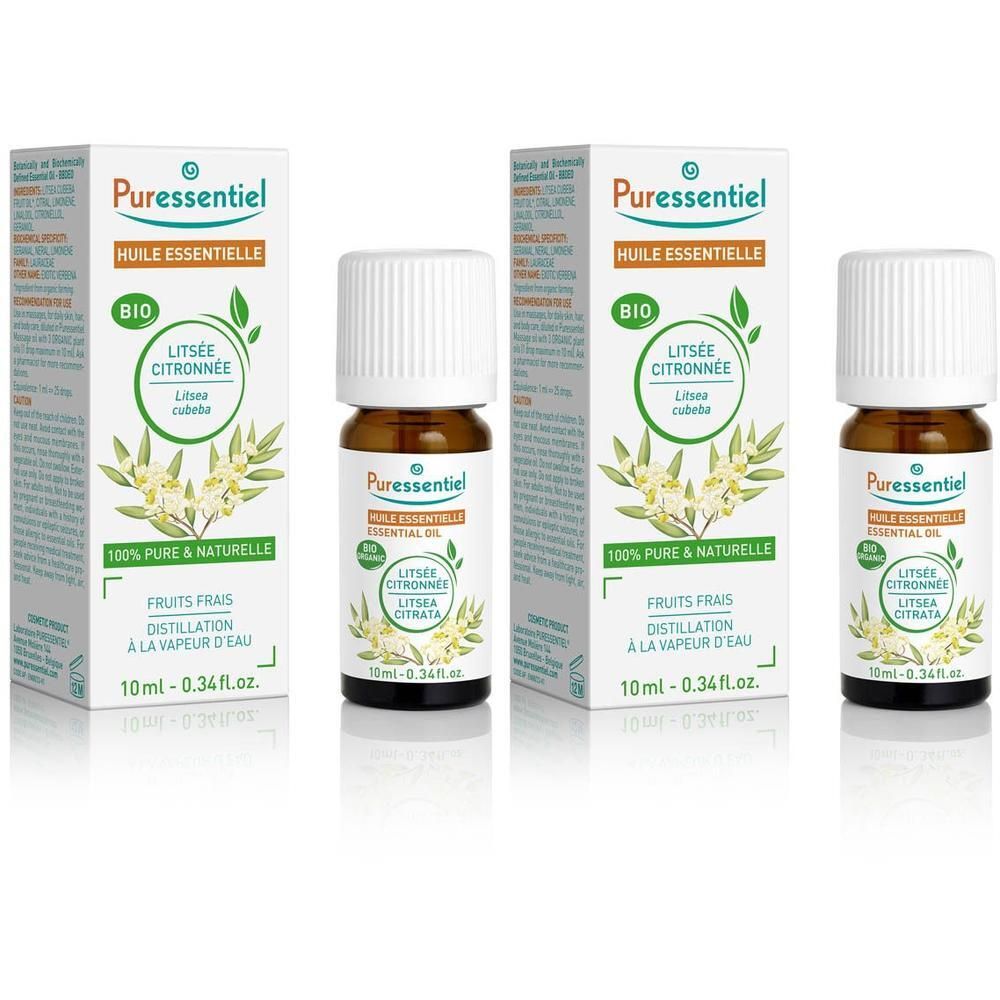 Twee flesjes en doosjes Puressentiel Citroen Litsée etherische bio-olie, 10ml.