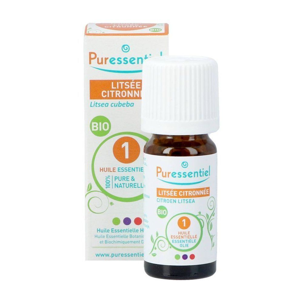 Flesje en doosje Puressentiel Citroen Litsée etherische bio-olie, 10ml.