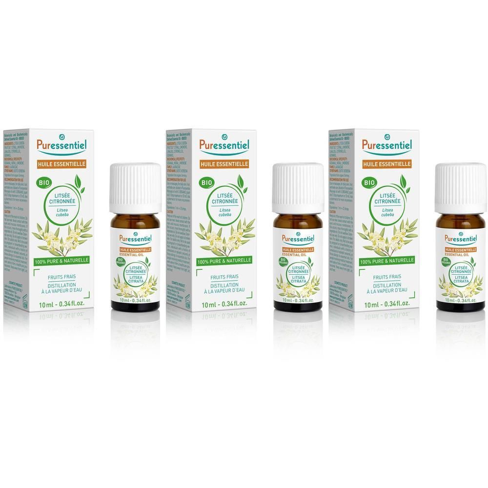 Trois flacons d'huile essentielle Bio Citron Litsea Puressentiel, 10ml.