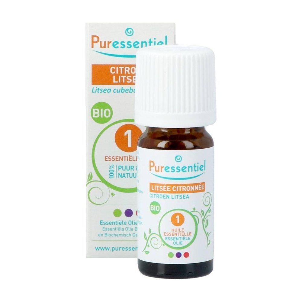 Flesje en doosje Puressentiel Citroen Litsea Essentiële Olie Bio, 10ml.