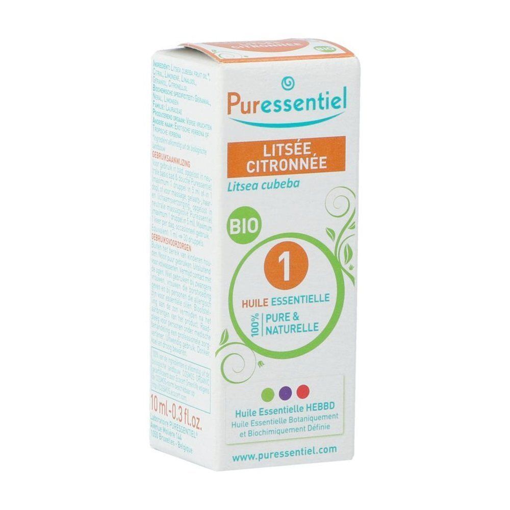 Doosje Puressentiel Citroen Litsea Essentiële Olie Bio, 10ml.