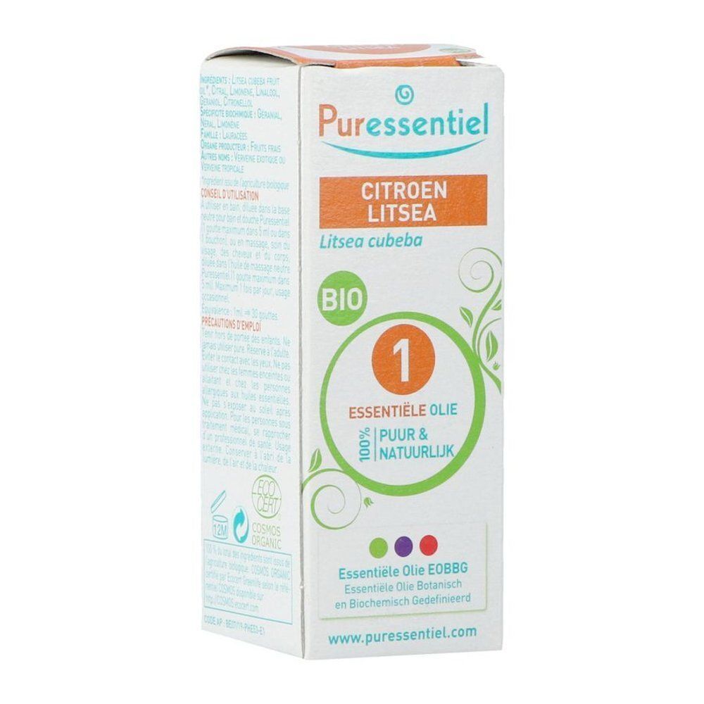 Doosje Puressentiel Citroen Litsea Essentiële Olie Bio, 10ml.