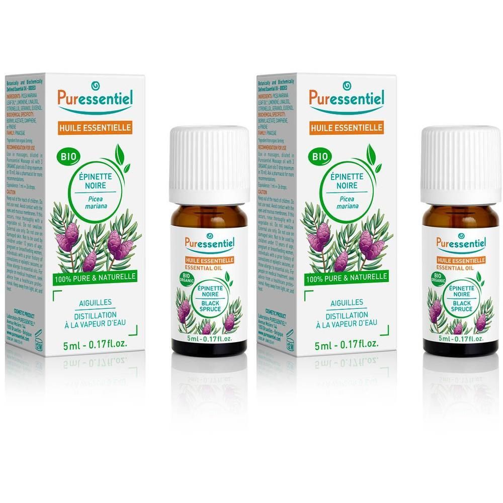 Puressentiel Bio Zwarte spar etherische olie, 5ml flesje en doosje.