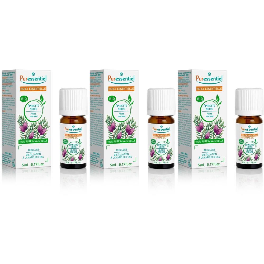 Puressentiel Bio Zwarte spar etherische olie, 5ml flesje met doosje.