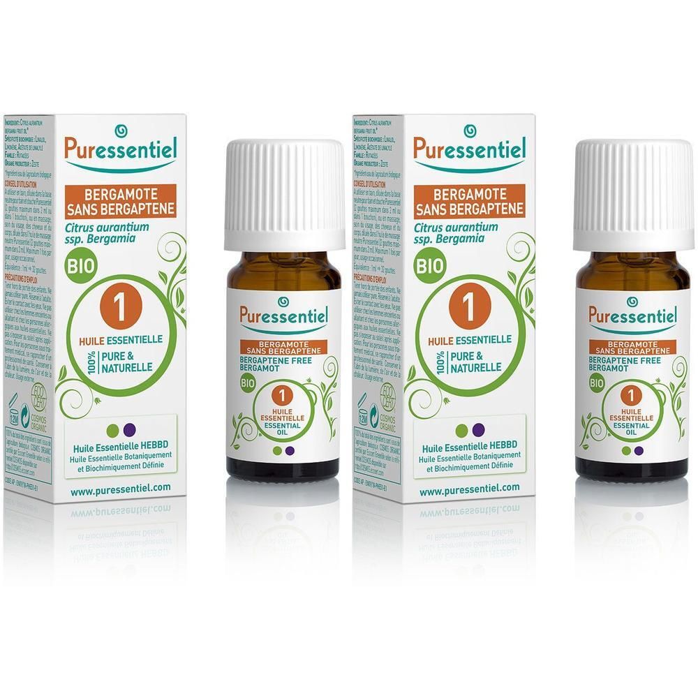 Huile essentielle Puressentiel Bergamote sans bergaptene, Bio. Flacon en verre brun avec bouchon blanc, à côté de sa boîte.