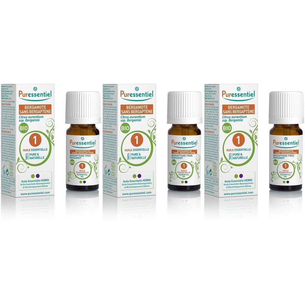 Vijf flesjes Puressentiel Bergamot essentiële olie Bio, zonder bergapteen.