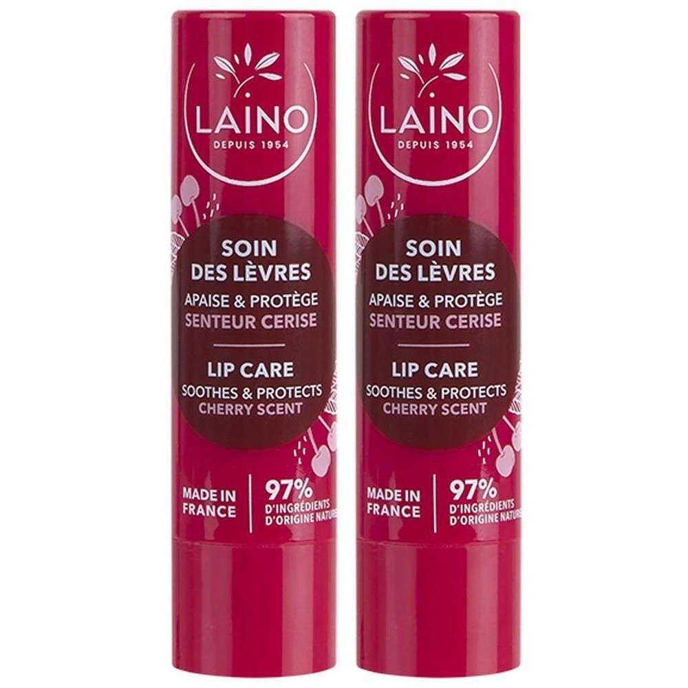 Twee Laino lippenverzorgingssticks met kersengeur. Gemaakt in Frankrijk, 97% natuurlijke ingrediënten.