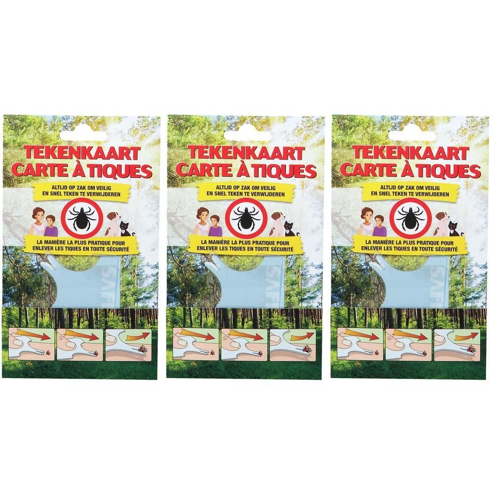 Trois paquets de carte à tiques pour retirer les tiques en toute sécurité. Montre une famille, des animaux et des diagrammes d'instructions.