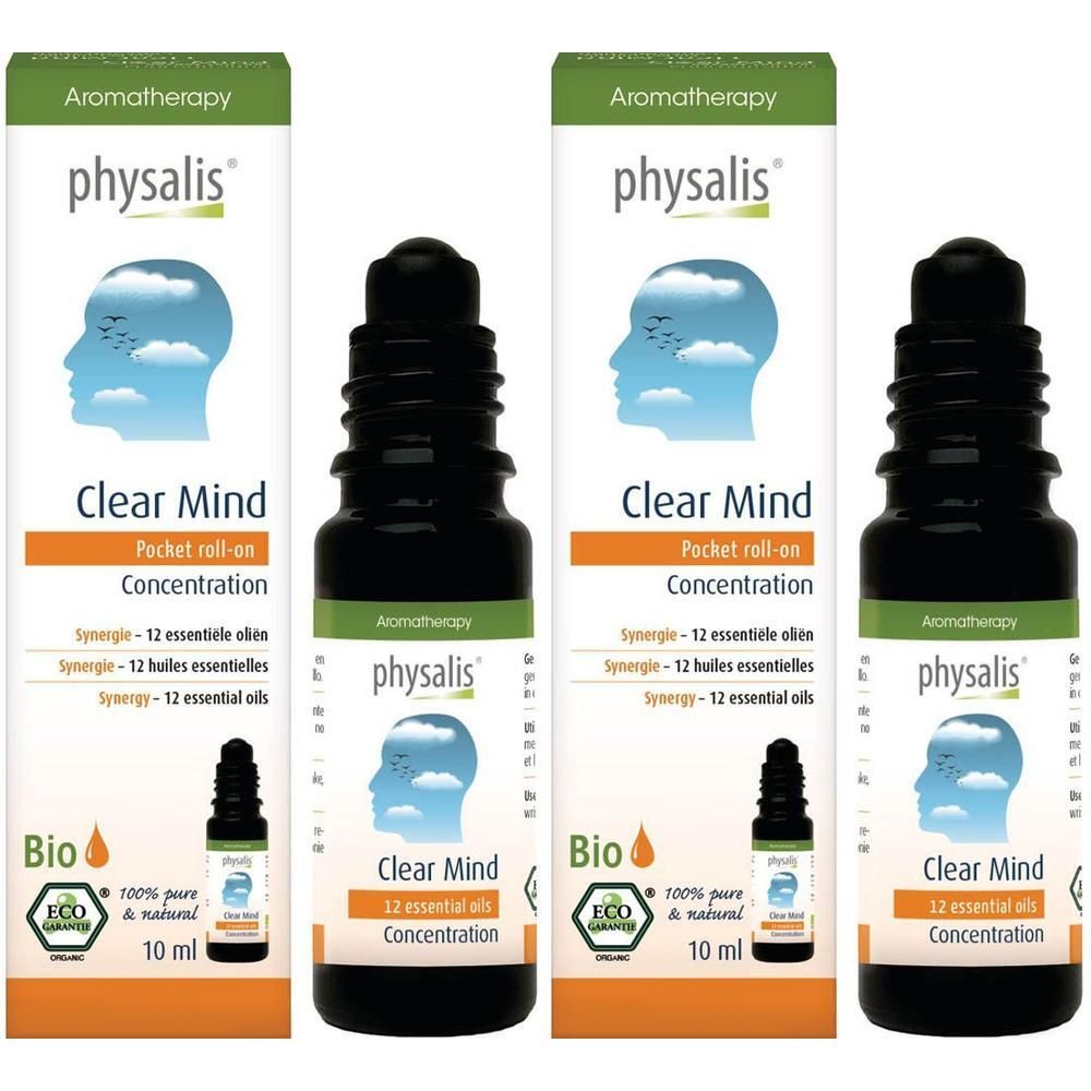 Twee Physalis Clear Mind roll-on flesjes van elk 10 ml met verpakking.
