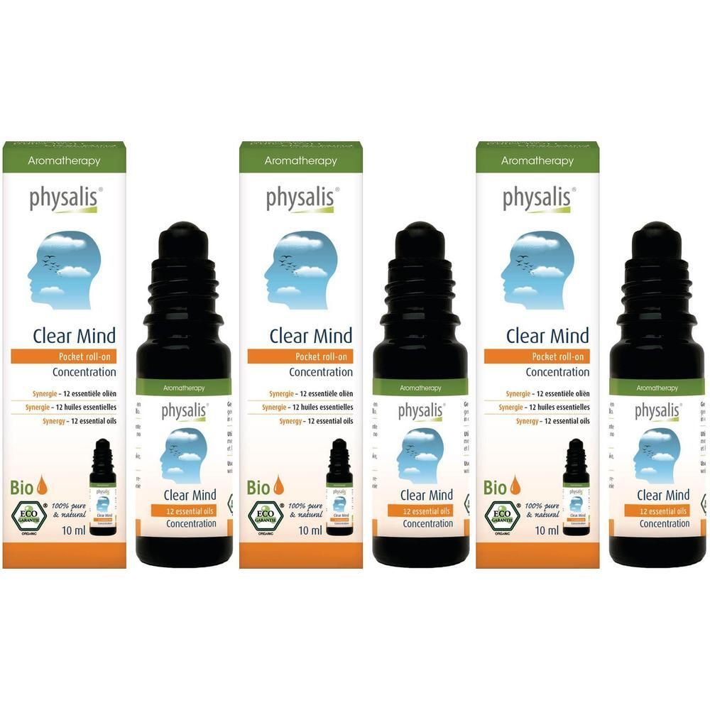 Drie donkere glazen flesjes en doosjes voor Physalis Clear Mind Concentratie, 10 ml.