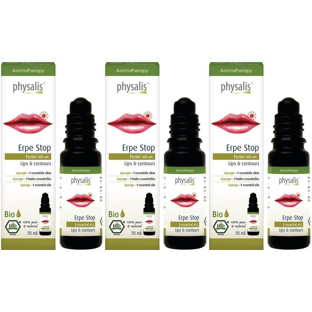 Quatre boîtes Physalis Erpe Stop Roll-On avec image de lèvres et label Bio.