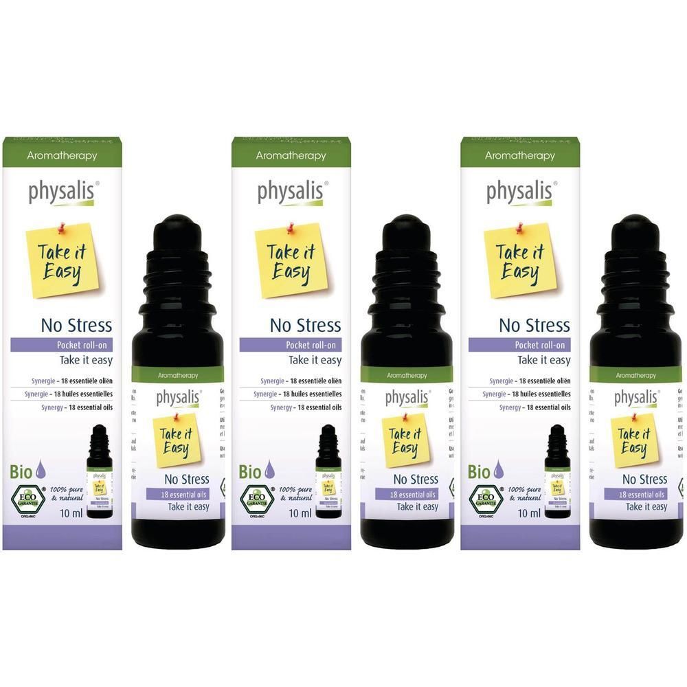 Vier Physalis No Stress Pocket Roll-ons van elk 10 ml, biologisch gecertificeerd.
