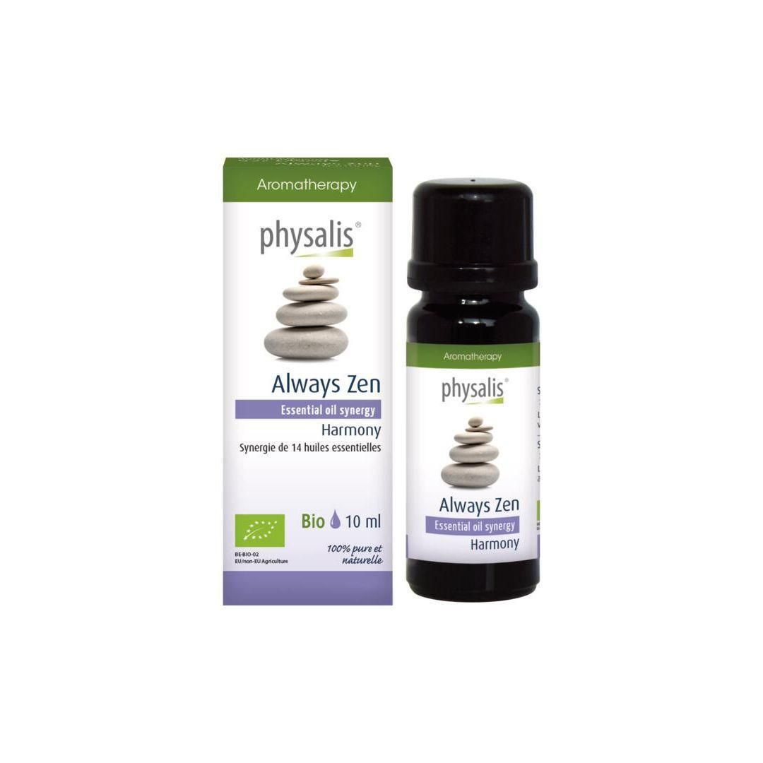 Mélange d'huiles essentielles Physalis Always Zen Bio en flacon de verre foncé avec boîte. Montre des pierres empilées et le label Bio.