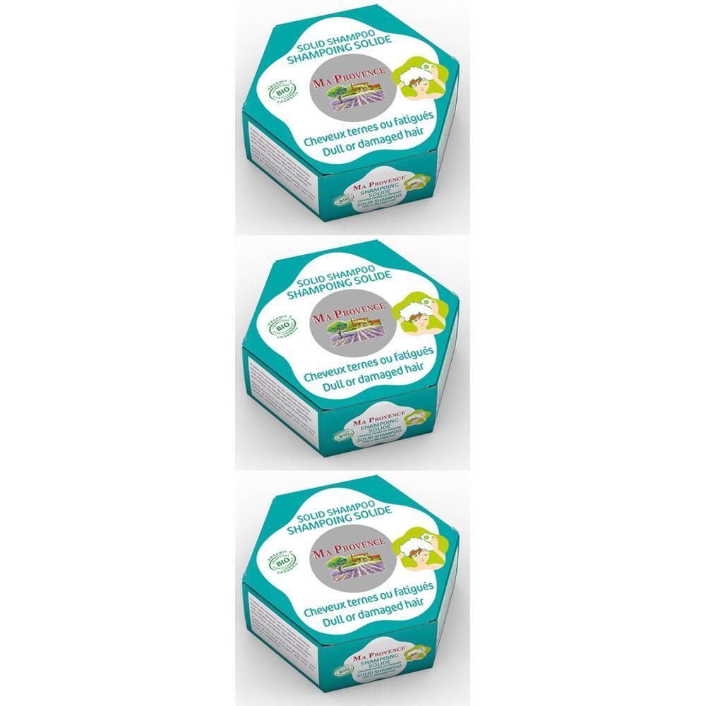 Shampoing solide Ma Provence pour cheveux ternes ou fatigués. Boîte hexagonale design turquoise.