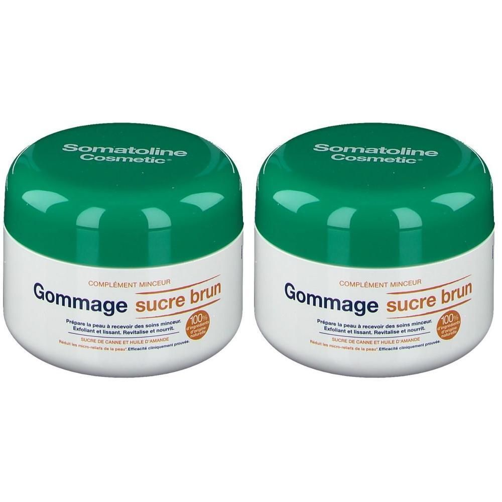 Deux pots Somatoline Cosmetic Gommage Sucre Brun avec couvercles verts.