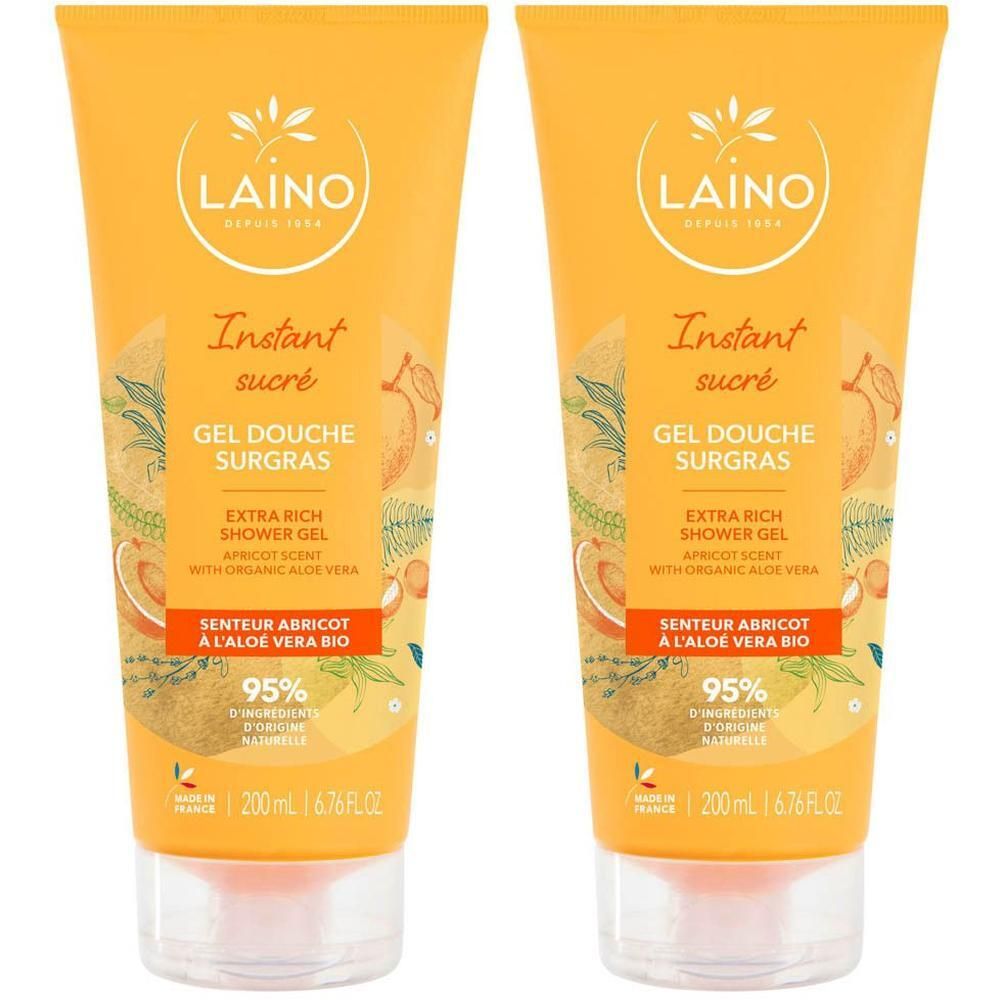 Deux gels douche Laino Surgras Hydratant, 200ml, senteur abricot, à l'aloe vera bio.