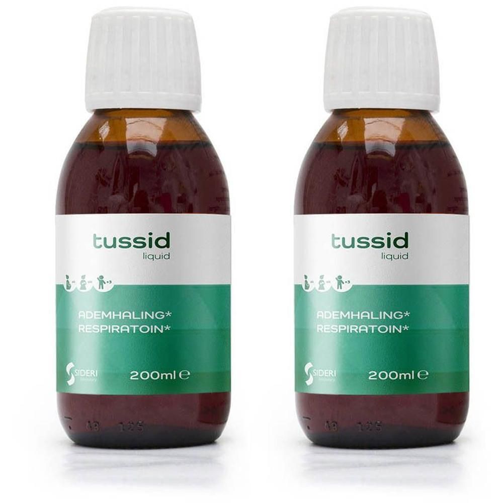 Twee flessen Tussid Liquid, elk 200ml, met etiketten die "ADEMHALING" en "RESPIRATOIN" vermelden.