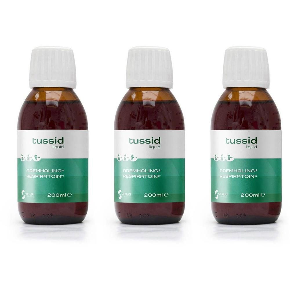 Drie flessen Tussid Liquid met etiketten waarop 'Inhaleren* Respiratie' en '200ml' staat.