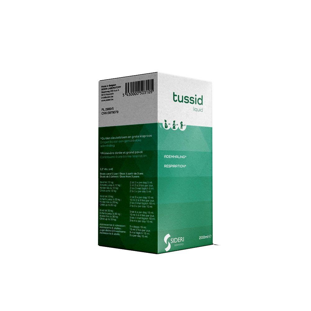 Een doos Tussid Liquid met etiketten waarop 'Inhaleren* Respiratie' en '200ml' staat.