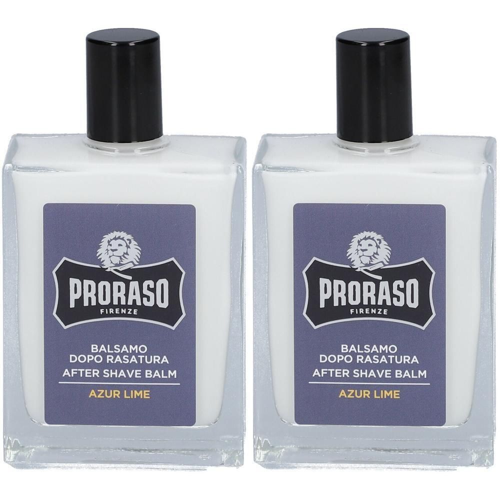 Twee flessen Proraso Azur Lime After Shave Balsem met zwarte doppen en paarse labels.