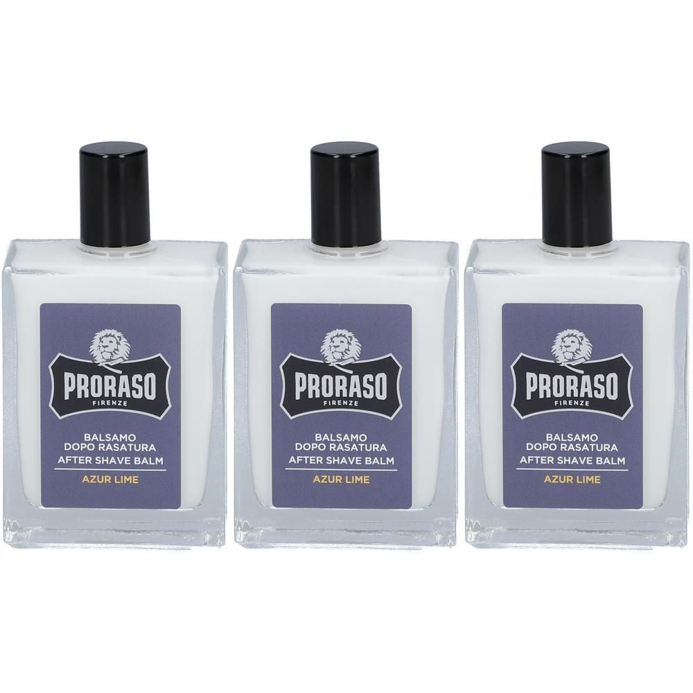 Trois flacons de Proraso Baume après Rasage Azur Lime avec bouchons noirs et étiquettes violettes.
