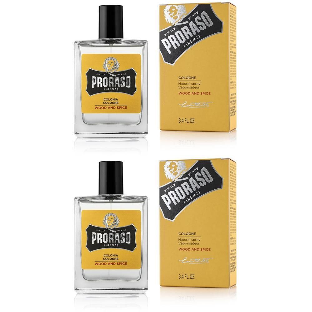 Proraso Eau de Cologne Wood & Spice dans une bouteille en verre avec bouchon noir et boîte.
