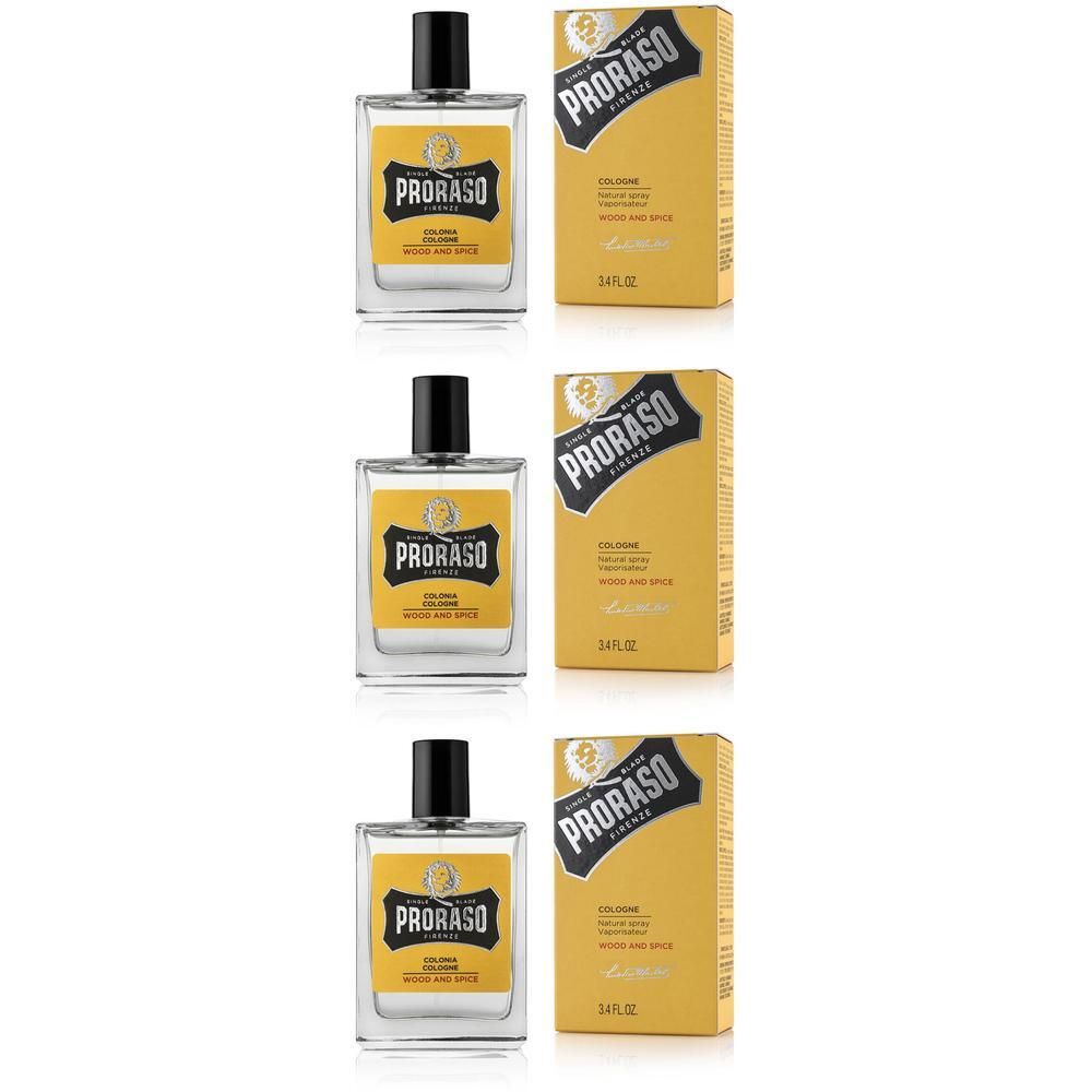 Drie flessen Proraso Eau de Cologne Wood & Spice met hun dozen.
