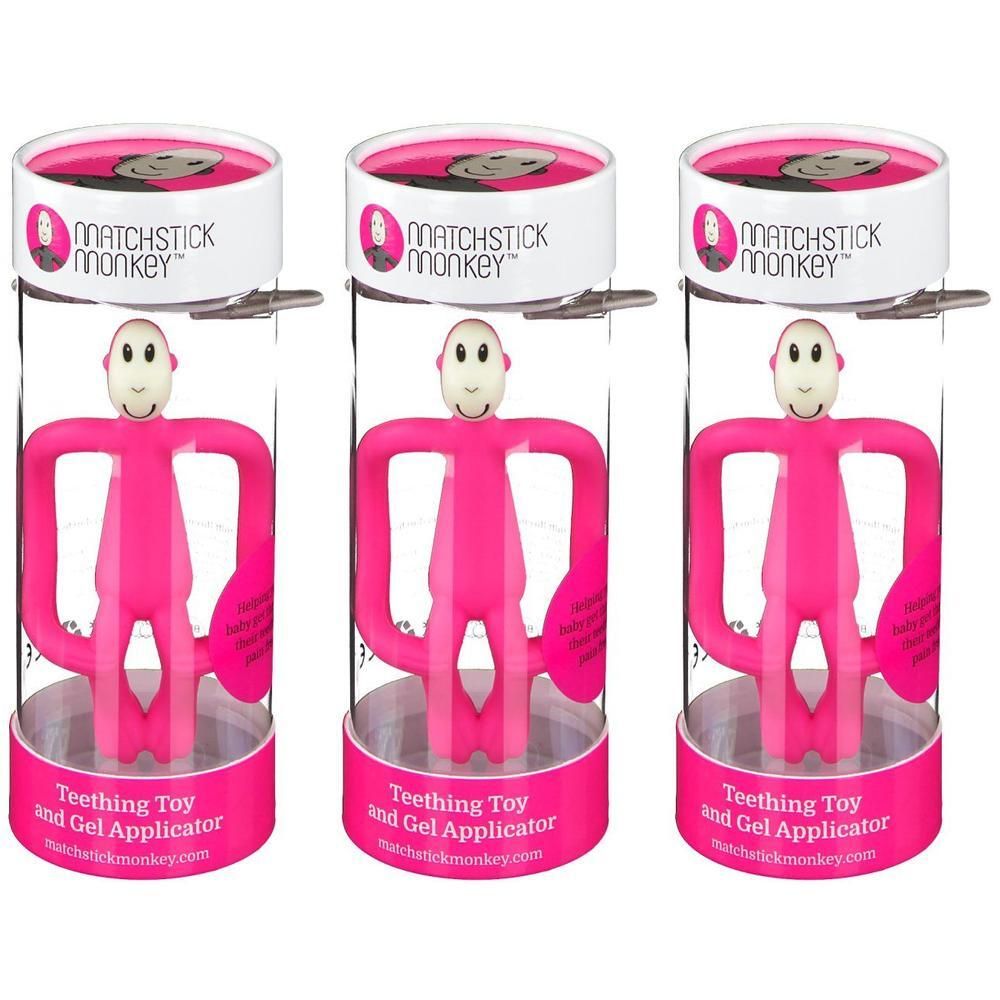 Drie roze Matchstick Monkey bijtringen in doorzichtige verpakking.