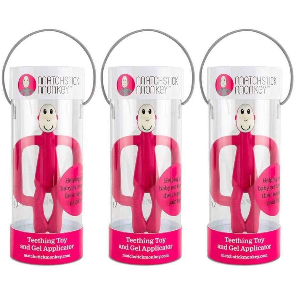 Trois anneaux de dentition Matchstick Monkey roses dans des contenants transparents.