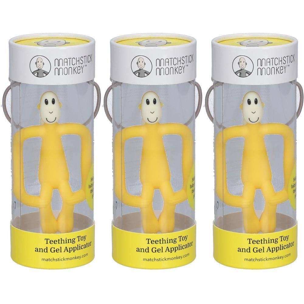 Drie gele Matchstick Monkey bijtringen in ronde verpakkingen met handvatten. De tekst luidt 'Teething Toy and Gel Applicator'.