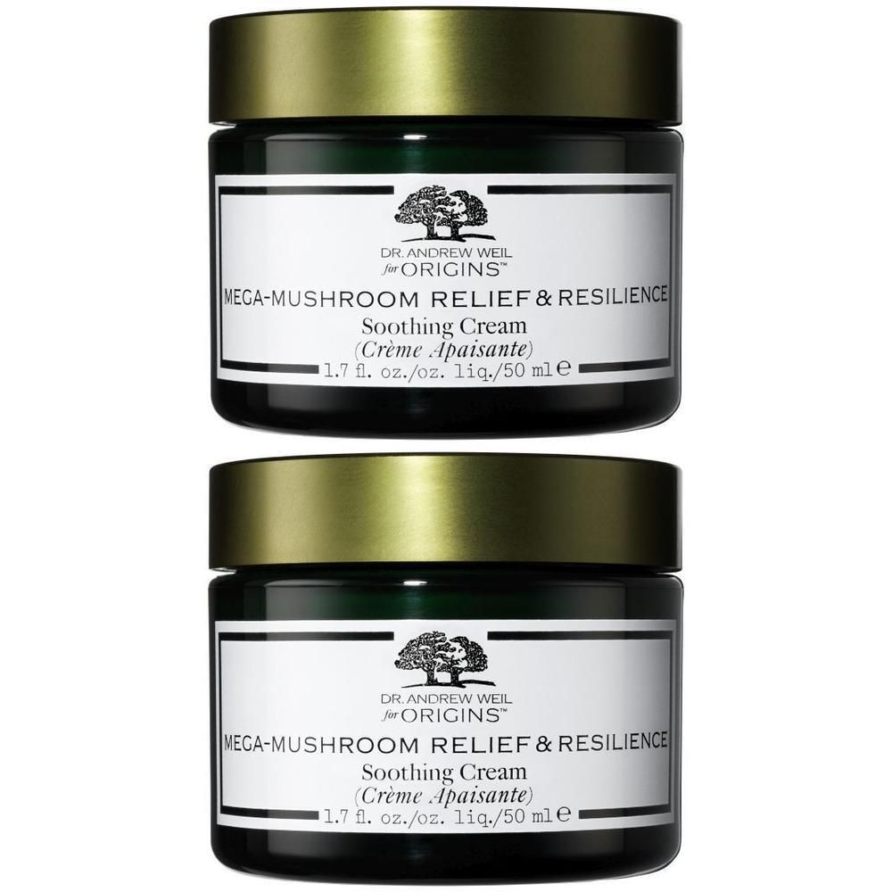 Deux pots de crème apaisante Origins Dr Weil Mega Mushroom Relief & Resilience.