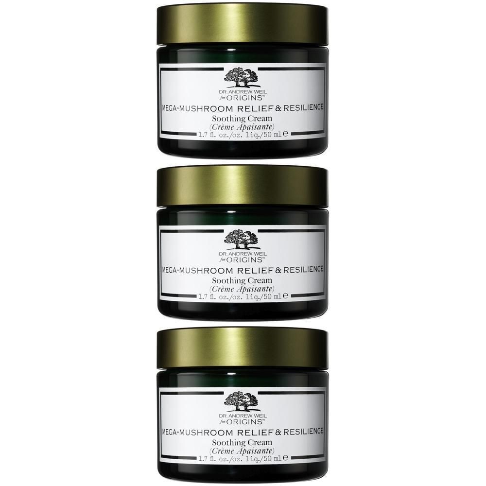 Trois pots de Crème Apaisante Origins Dr Weil Mega Mushroom Relief & Resilience avec couvercles dorés.