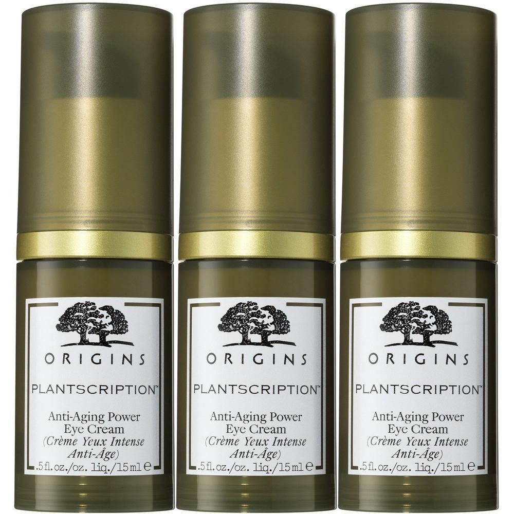 Trois flacons de Crème Yeux Intense Anti-Âge Origins Plantscription, 15ml chacun.