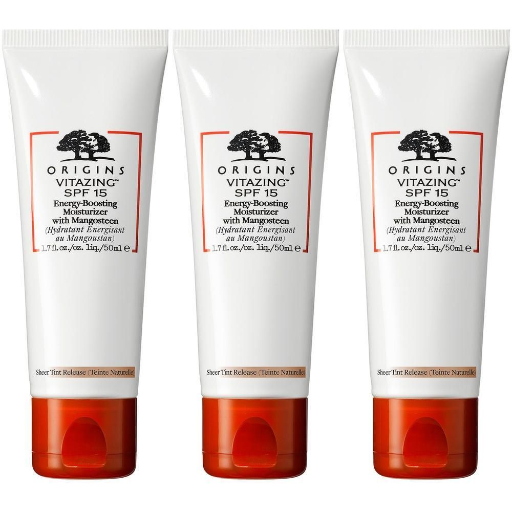 Trois tubes blancs de Origins VitaZing™ Hydratant Énergisant au Mangoustan FPS 15.