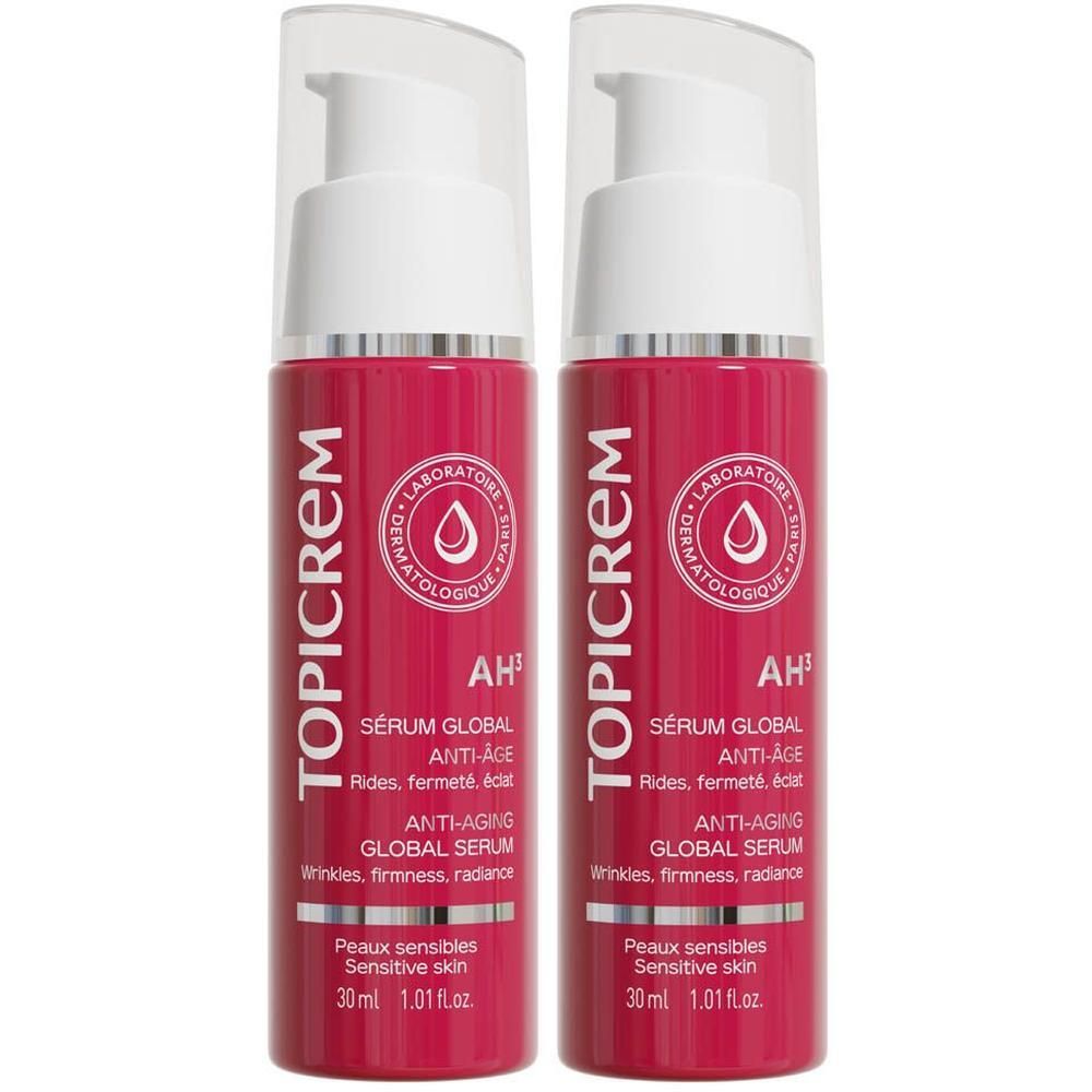 Twee flacons Topicrem AH3 Global Anti-Aging Serum, elk 30 ml.
